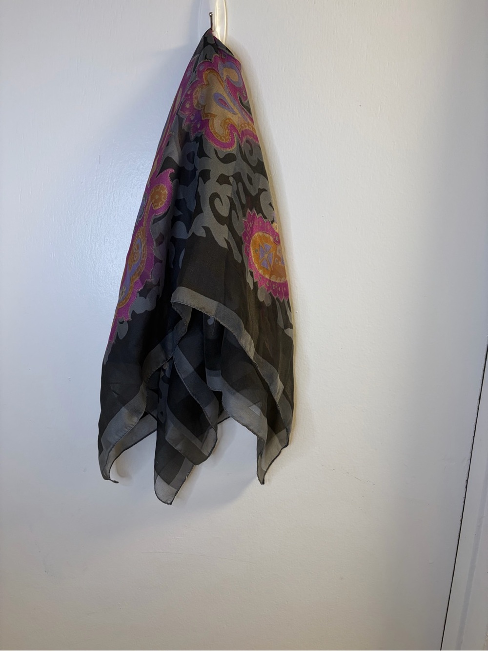 Vintage Sheer Silk-look Scarf Black Purple Paisley Print Square Shawl